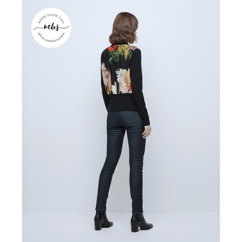 Ted Baker Floral Detail Back‎ Golden Buttons Cardigan Black Women Size 8